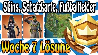 WOCHE 7 LÖSUNGEN  Neue Skins Alle Fußballfelder Schatzkarte von Pleasent Park [upl. by Anwahsak]