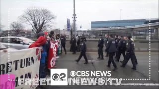 Vehicles waving Palestinian flags outside JFK Airport as NYPD warns of travel delays  NBC New York [upl. by Ijuy]