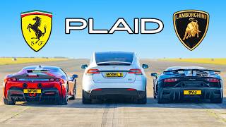 Tesla Model X PLAID v Ferrari SF90 v Lambo SVJ DRAG RACE [upl. by Niwdla776]