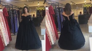 Black Lace Puffy Sleeved Offtheshoulder Prom Ball Gown [upl. by Barnaby]