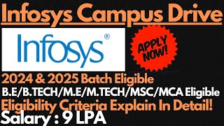 Infosys Mega Recruitment 2024 amp 2025 Batch Eligible  Salary  95 LPA 🔥🔥 [upl. by Lletnwahs719]