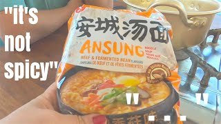 Eating Korean Ramyun Ansung Tang Myun Instant Noodles  Is It Spicy  Checking out the Ramyun Aisle [upl. by Whallon]