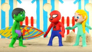 SUPERHERO BABIES HAVE FUN AT THE BEACH ❤ Spiderman Hulk amp Frozen Elsa Play Doh Cartoons For Kids [upl. by Aneehc580]