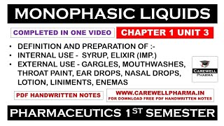 Monophasic Liquids complete  Syrup  Elixir  Liniments  Ch 1 U 3  Pharmaceutics  B Pharmacy [upl. by Atsuj151]