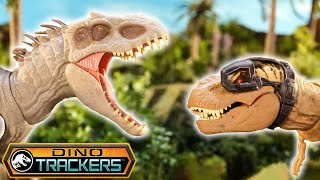 Tyrannosaurus rex Battles the Indominus rex  Jurassic World Dino Trackers [upl. by Zarger]