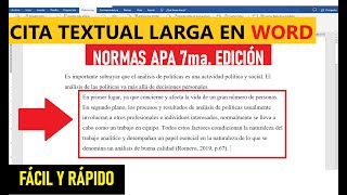 NORMAS APA CÓMO HACER UNA CITA TEXTUAL LARGA EN WORD PASO A PASO  EJEMPLO  7ma ED [upl. by Chase625]