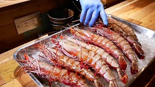 Japanese Food  GIANT TIGER PRAWN and KUROBUTA PORK STEAK Okinawa Seafood Japan [upl. by Keslie888]