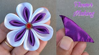 How To Make Ribbon Flowers  Fabric Flower Making For Dresses  Rose Flower Making With Cloth [upl. by Ahsha]