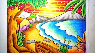 Mewarnai gradasi dengan crayon  Oilpastel  Pemandangan indah pantai  Drawing Beach Scenery [upl. by Lucas]