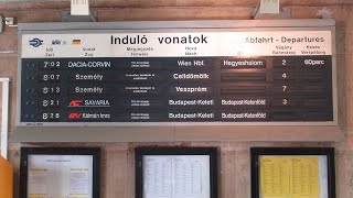 Hungary Solari splitflap train arrivaldeparture board at Gyor railway station [upl. by Rosena274]