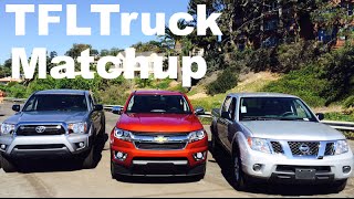 2015 Chevy Colorado vs Toyota Tacoma vs Nissan Frontier Matchup Review [upl. by Gessner]