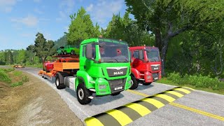 Double Flatbed Trailer Truck vs Speedbumps Train vs Cars BeamngDrive2 [upl. by Areyk]