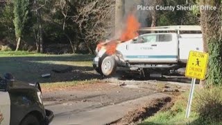 Suspected truck thief arrested after fiery rollover crash in Placer County [upl. by Naihs]