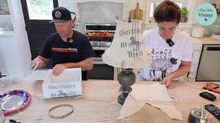 Grain Sack Fabric Lampshade Makeover With Paint and Stencils Waste Not Wednesday [upl. by Ardnos689]