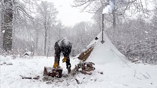 Hot Tent Camping in Heavy Snowfall [upl. by Arat]