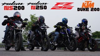 KTM Duke 250 vs Yamaha FZ25 vs Pulsar N250 vs Pulsar NS200 Drag Race [upl. by Frodine]