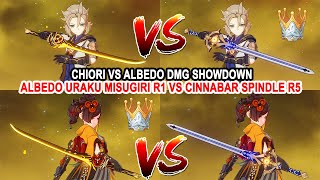 Albedo Uraku Misugiri R1 vs Cinnabar Spindle R5 DMG Comparison  Chiori vs Albedo DMG Showdown [upl. by Tobias]