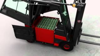 Linde E20E50 Series Electric Forklifts Changing the Battery [upl. by Ellennahs]