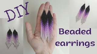 beaded earrings tutorial for beginners with double brick stitch and beaded fringes [upl. by Cowey696]