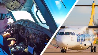 Cockpit Full Flight with ATC Aurigny ATR72 Manchester to Guernsey [upl. by Yelsnya]