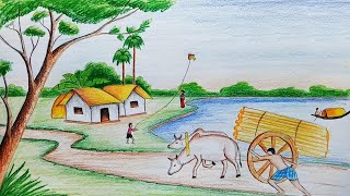 How to draw village scenery  Landscape step by step [upl. by Moncear]