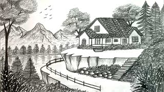 How to draw a peaceful mountain cabin scenery with pencils  hirasdrawing [upl. by Borlow]