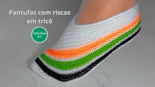 Pantufa com riscas em tricô muito fácil [upl. by Elayne107]