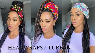 5 EASY HEADWRAP TURBAN STYLES for Senegalese Twists Braids Locs  Tupo1 [upl. by Enyrat]