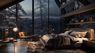 Cozy Winter Bedroom With Snow Falling Outside The Window  Smooth Jazz Music To Relax [upl. by Sabanrab]