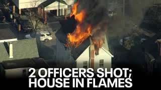 Officers shot responding to call of child shot in East Lansdowne PA burning home surrounded [upl. by Nnylidnarb201]