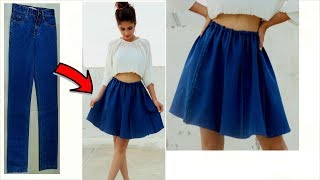 ConvertRecycle Old Jeans into Girls FLAREDCIRCULAR Skirt  Super Easy Denim Skirt in 5 Minutes [upl. by Signe]