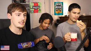 Americans Try British Snacks Beans on Toast Tea Biscuits Crisps [upl. by Aitekram869]