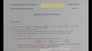 Thermodynamique S1 SMPC Correction de examen 20202021 FSAC [upl. by Siberson]