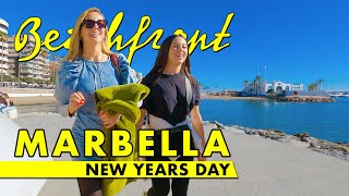 Marbella beachfront walk  New Years Day 2024  Costa del Sol Spain 4K immersive virtual tour [upl. by Ettevahs309]