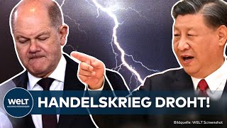 CHINAREISE Kanzler trifft Xi Jinping  Scholz und deutsche Autobauer in HandeslskriegZwickmühle [upl. by Ahsasal8]