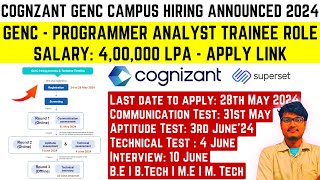 Cognizant GenC Programmer Analyst Trainee Campus Hiring Announced 2024  New Hiring Process Timeline [upl. by Oihsoy]