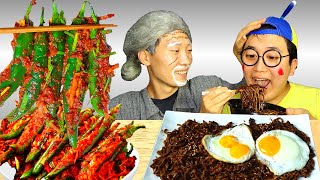 ASMR MUKBANG  SPICY CHILI KIMCHI BLACK BEAN NOODLES CHAPAGETTI EXTRA SPICY CHILIES HUBA [upl. by Particia]