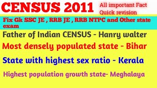 CENSUS Quick revision in 5 min important point video for SSC and other exam ssc rrbje sscjeexam [upl. by Angelo]