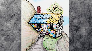 Colored Pencils and Ink Landscape Scenery Drawing  Pencil Sketch Tutorial House Mountains Tree [upl. by Westmoreland]