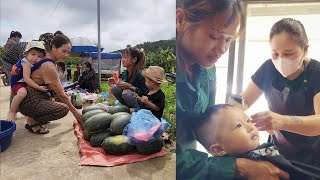 Single mother harvests watermelons to sell and takes her son to get a haircut to keep cool and clean [upl. by Llehsar]