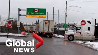 Trucker protests Ambassador Bridge connecting Windsor to Detroit sees long delays [upl. by Babbette]