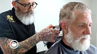 Master Barber Transforms Eric Bandholzs Father  Beardbrand Studio [upl. by Preiser342]