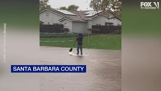 Goleta resident paddleboards through flooded Santa Barbara County [upl. by Yeblehs72]