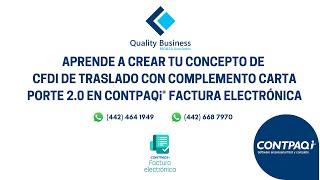 Crea tu concepto CFDI de Traslado con Complemento Carta Porte en CONTPAQi [upl. by Htiekram]