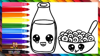 Zeichnen und Ausmalen einer Milchflasche mit einer Schüssel Müsli 🥣🥛🌈 Zeichnungen für Kinder [upl. by Aicilyhp]