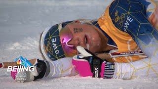 Crosscountry carnage Exhausted skiers biathletes collapse at finish line  2022 Winter Olympics [upl. by Eanahs]