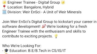 Engineer Trainee  Digital Group  Weir EnSci [upl. by Ynattirb]