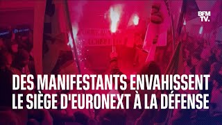 Des manifestants contre la réforme des retraites envahissent le siège dEuronext à la Défense [upl. by Ahseela522]