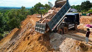 Perfect Project  Landfill On The Mountain by 10 Wheels Trucks Dumping amp Dozer D37E Pushing Rocks [upl. by Nawor]