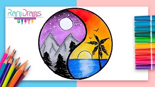 Cómo dibujar un PAISAJE DÍA Y NOCHE con lápices de colores  ideas de dibujos fáciles [upl. by Rosamund90]